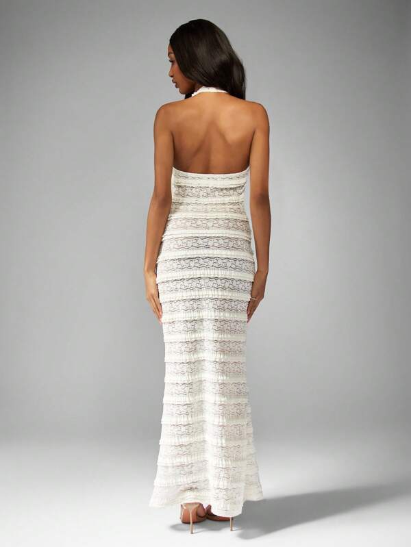 Missguided MISSGUIDED White Halter Neck Floral Lace Crochet Maxi Dress
