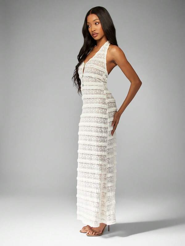 Missguided MISSGUIDED White Halter Neck Floral Lace Crochet Maxi Dress