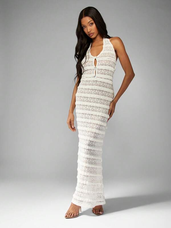 missguided MISSGUIDED White Halter Neck Floral Lace Crochet Maxi Dress