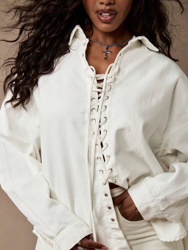 Missguided MISSGUIDED White Oversized Corset Front Lace Up Button Down Distressed Denim Top