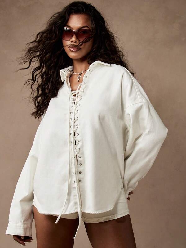 Missguided MISSGUIDED White Oversized Corset Front Lace Up Button Down Distressed Denim Top