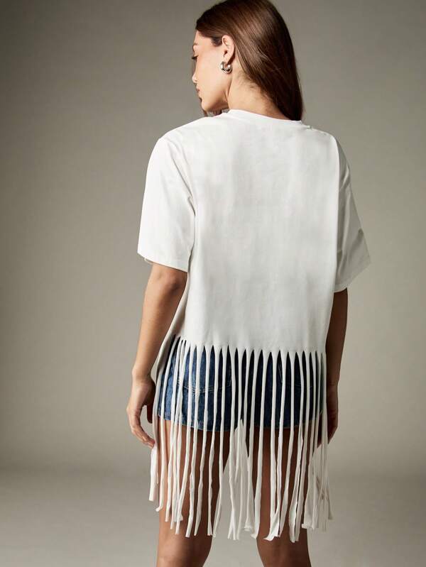Missguided MISSGUIDED White Oversized T Shirt With Evil Eye Print And Fringe Hem
