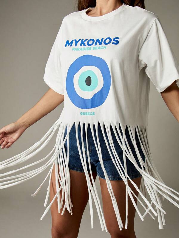 Missguided MISSGUIDED White Oversized T Shirt With Evil Eye Print And Fringe Hem