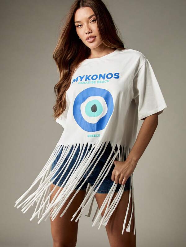 missguided MISSGUIDED White Oversized T Shirt With Evil Eye Print And Fringe Hem