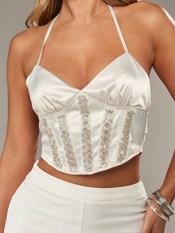 Missguided MISSGUIDED White Satin Corset Top With Crystal Beading