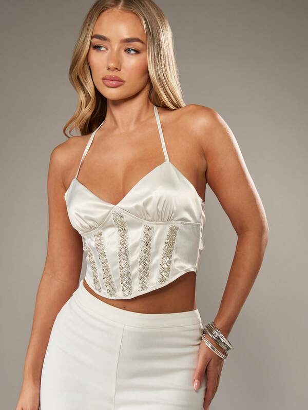 missguided MISSGUIDED White Satin Corset Top With Crystal Beading