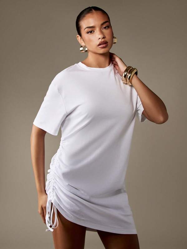 missguided MISSGUIDED White T-Shirt Dress With Ruched Side Detail