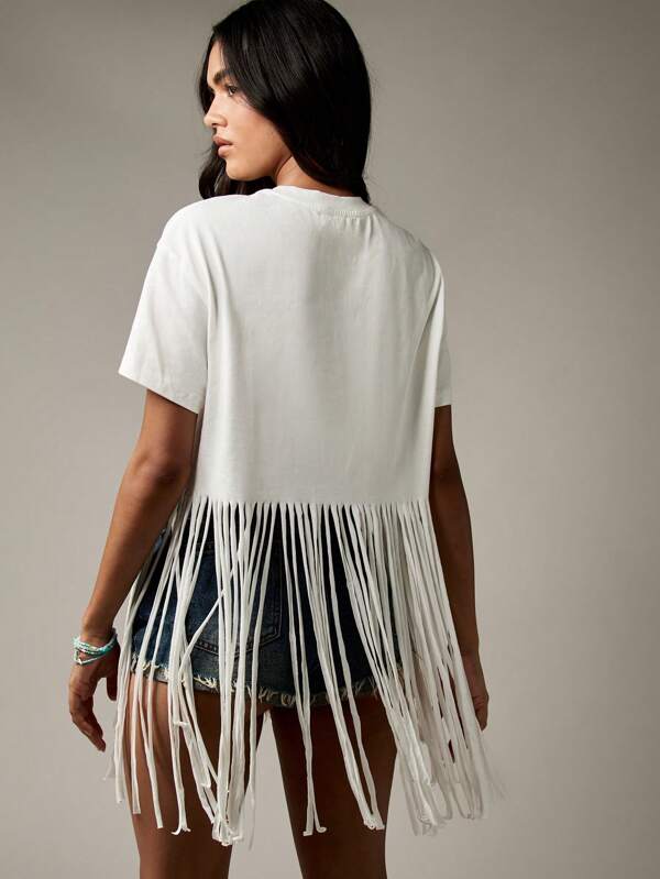 Missguided MISSGUIDED White T-Shirt With Ibiza Shell Print And Fringe Detail