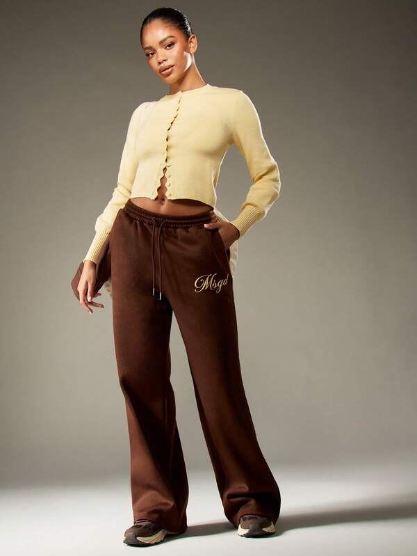 Missguided MISSGUIDED Wide Leg Brown Sweatpants With Embroidered Logo