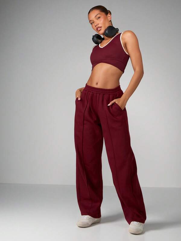missguided MISSGUIDED Wide Leg Burgundy Sweatpants With Side Pockets