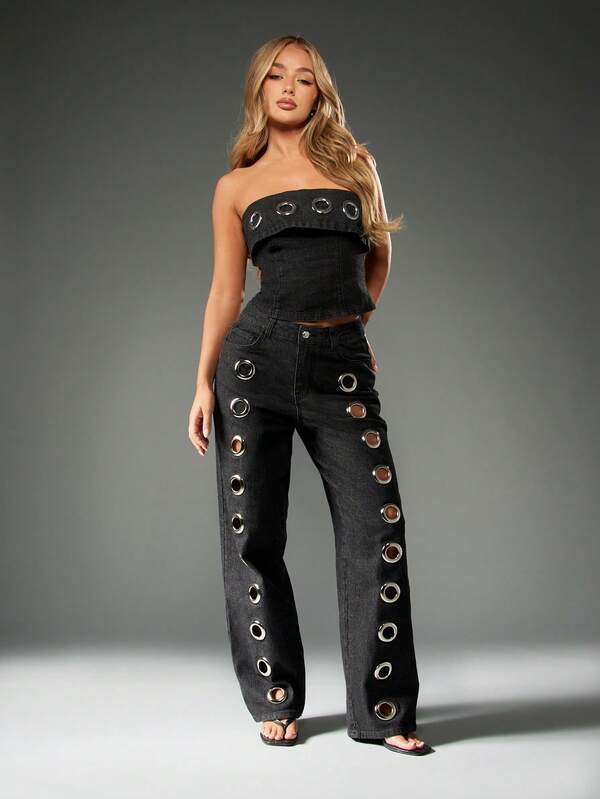 Missguided MISSGUIDED Wide Leg Denim Jeans With Metal Eyelets