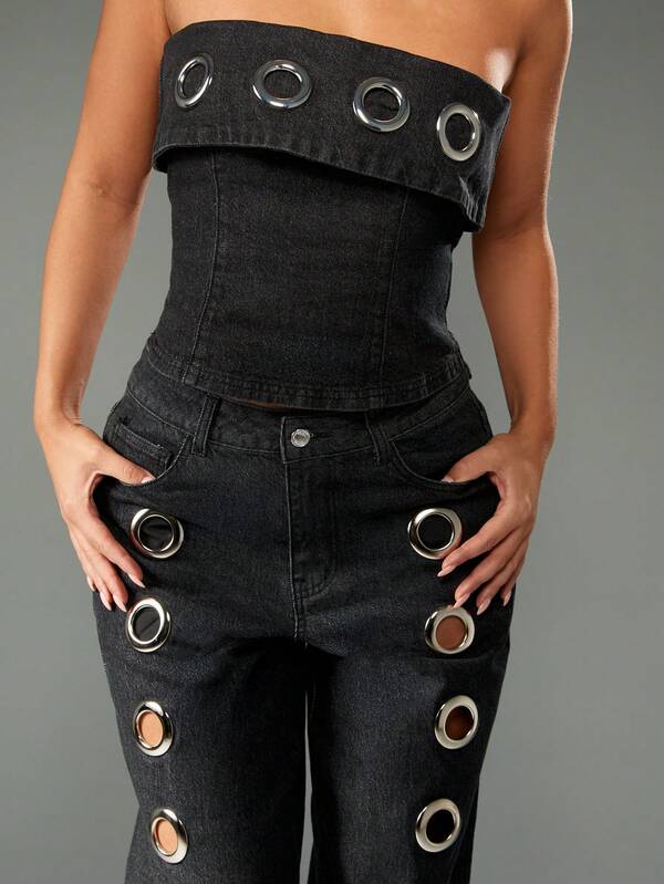 Missguided MISSGUIDED Wide Leg Denim Jeans With Metal Eyelets