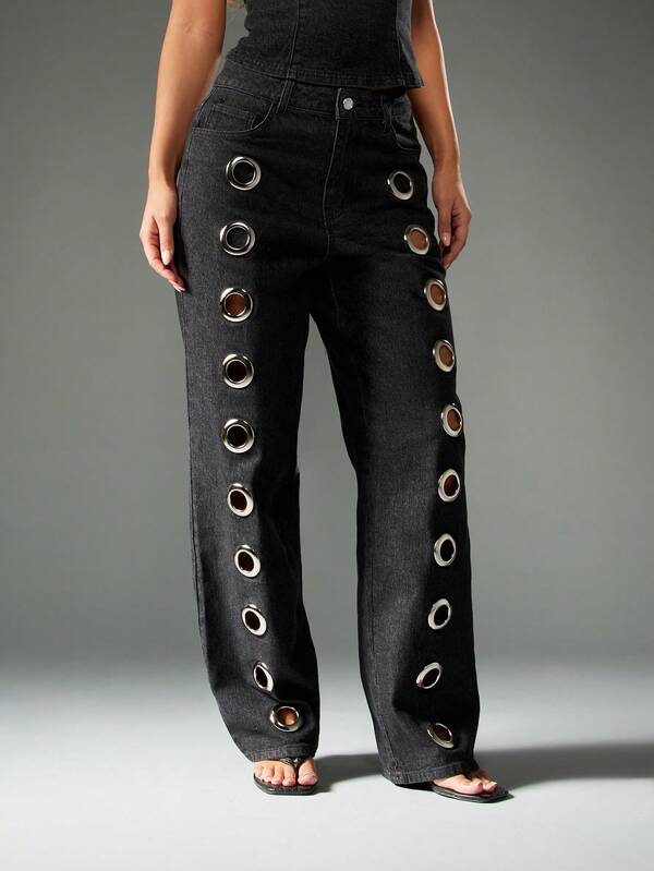 missguided MISSGUIDED Wide Leg Denim Jeans With Metal Eyelets