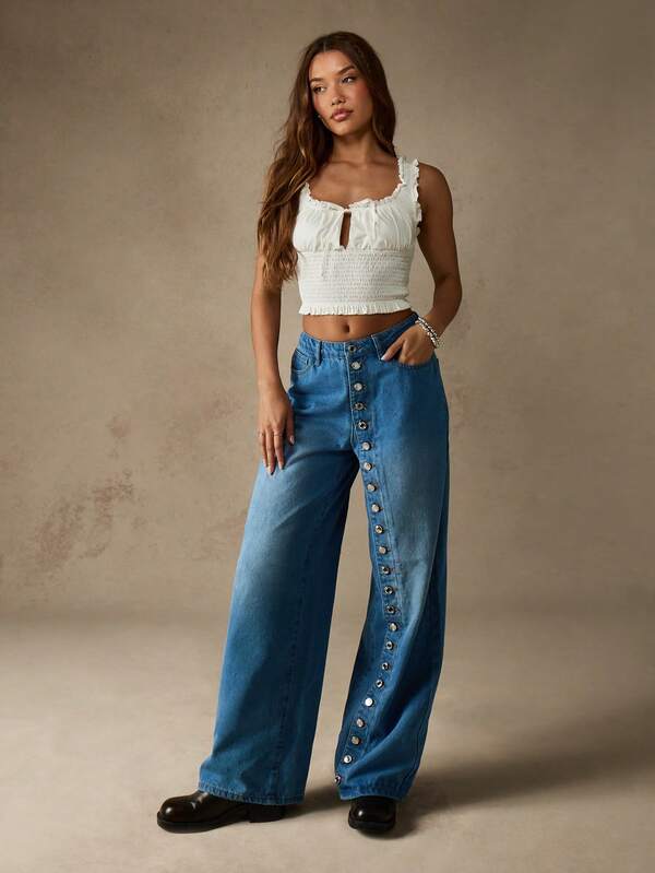 Missguided MISSGUIDED Wide Leg Denim Jeans With Side Button Detail
