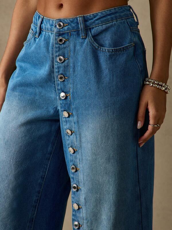 Missguided MISSGUIDED Wide Leg Denim Jeans With Side Button Detail