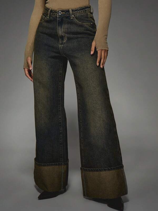 missguided MISSGUIDED Wide Leg Denim Jeans With Turn Up Hem