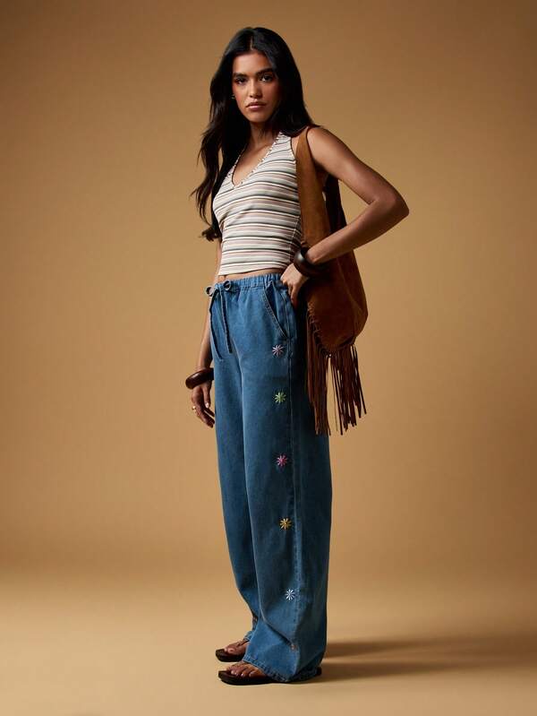 Missguided MISSGUIDED Wide Leg Denim Pants With Floral Embroidery