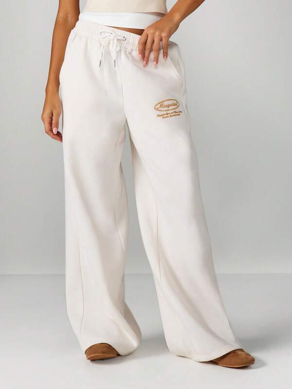 missguided MISSGUIDED Wide Leg Drawstring Joggers With Branding
