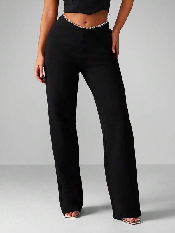 missguided MISSGUIDED Wide Leg Dress Pants With Crystal Trim