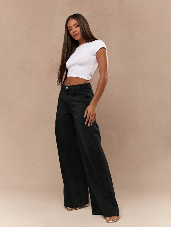 Missguided MISSGUIDED Wide Leg High Rise Black Denim Jeans