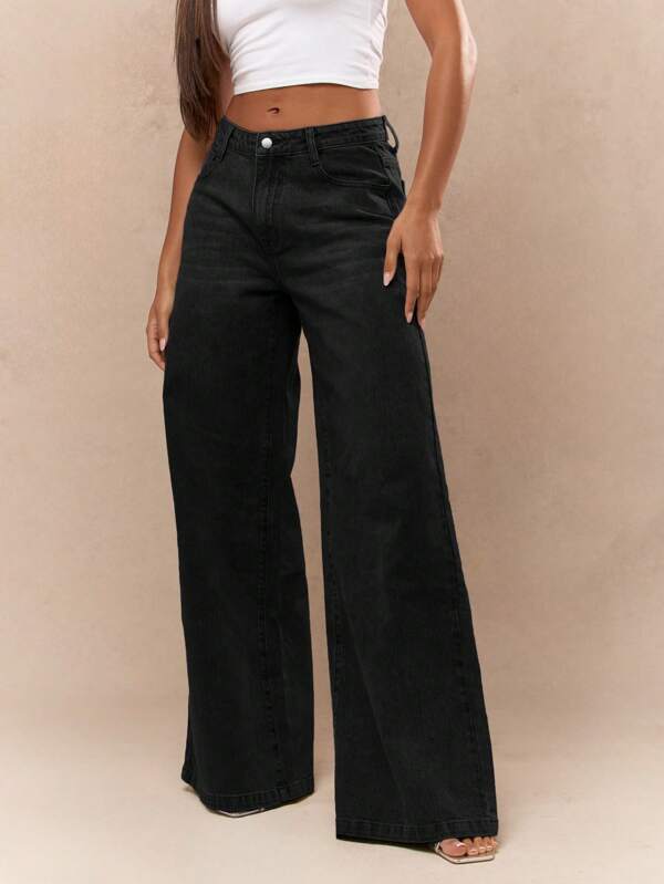 missguided MISSGUIDED Wide Leg High Rise Black Denim Jeans