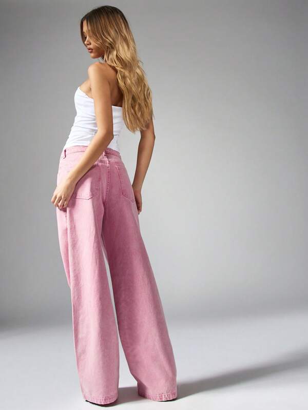 Missguided MISSGUIDED Wide Leg High Waisted Loose Fit Pastel Pink Denim Statement Jeans