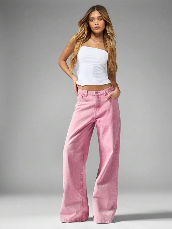 missguided MISSGUIDED Wide Leg High Waisted Loose Fit Pastel Pink Denim Statement Jeans