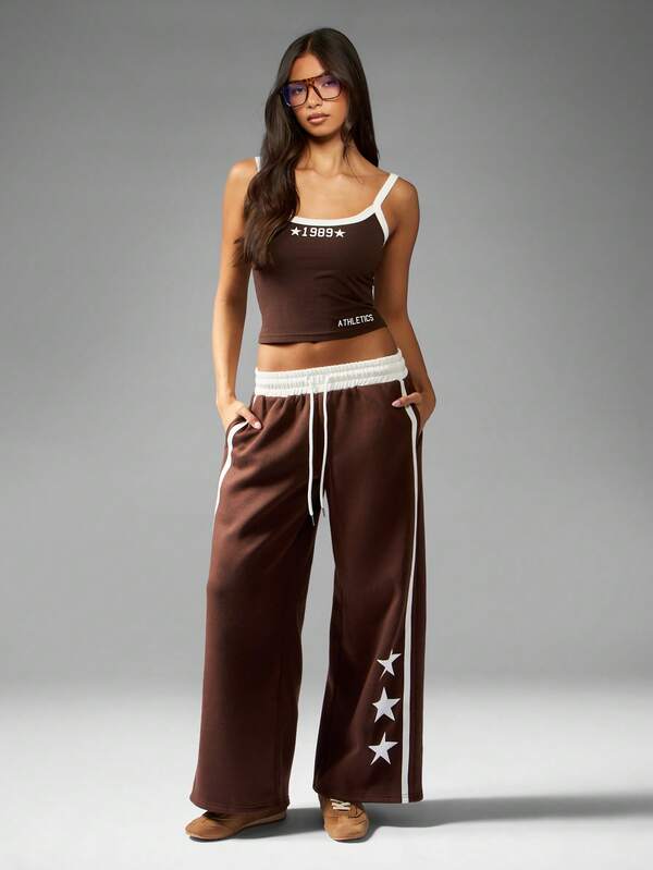 Missguided MISSGUIDED Wide Leg Joggers With Star Print And Contrast Stripes