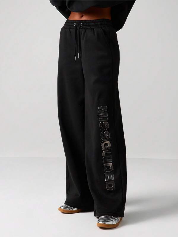 missguided MISSGUIDED Wide Leg Joggers With Vertical Text