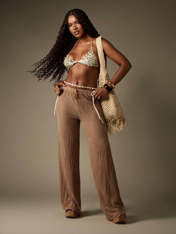 Missguided MISSGUIDED Wide Leg Knitted Ribbed Pants With Tie Waist