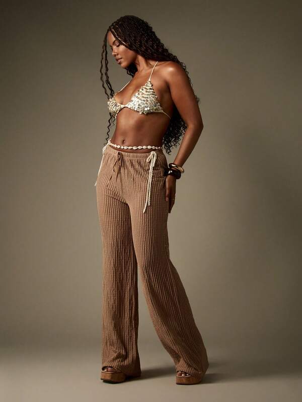 Missguided MISSGUIDED Wide Leg Knitted Ribbed Pants With Tie Waist