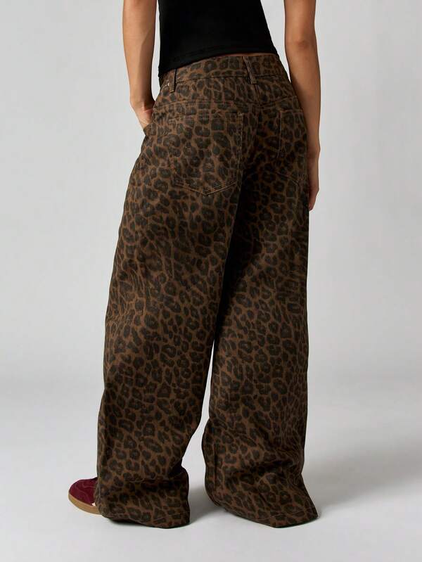 Missguided MISSGUIDED Wide Leg Leopard Print Palazzo Jeans