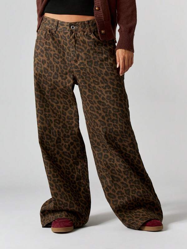 Missguided MISSGUIDED Wide Leg Leopard Print Palazzo Jeans