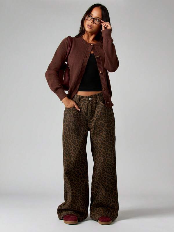 Missguided MISSGUIDED Wide Leg Leopard Print Palazzo Jeans