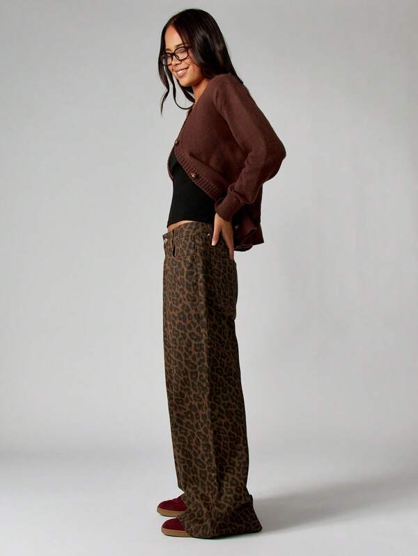missguided MISSGUIDED Wide Leg Leopard Print Palazzo Jeans