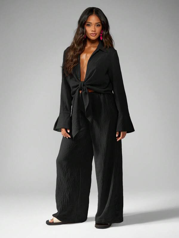 Missguided MISSGUIDED Wide Leg Palazzo Pants With Front Tie Crop Top Co Ord