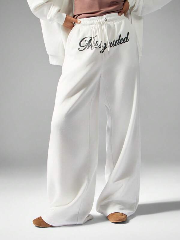 missguided MISSGUIDED Wide Leg Pants With Drawstring And Script Logo