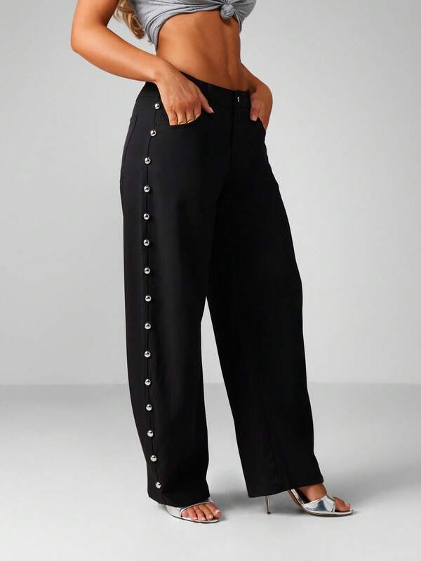 missguided MISSGUIDED Wide Leg Pants With Side Button Detail