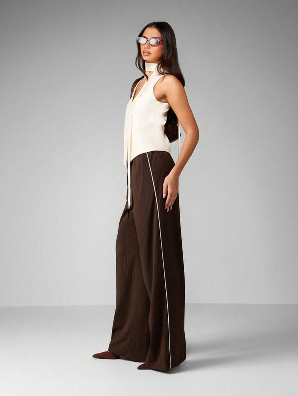 Missguided MISSGUIDED Wide Leg Pinstripe Pants With Contrast Piping