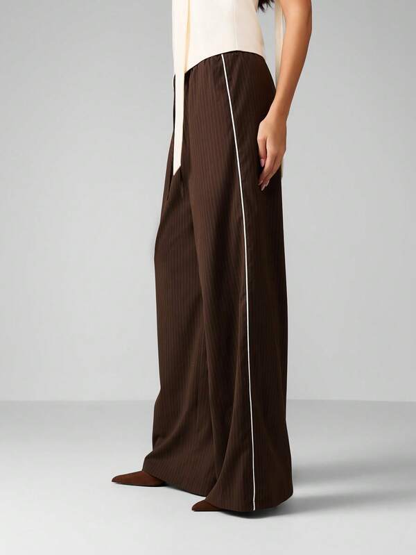 missguided MISSGUIDED Wide Leg Pinstripe Pants With Contrast Piping