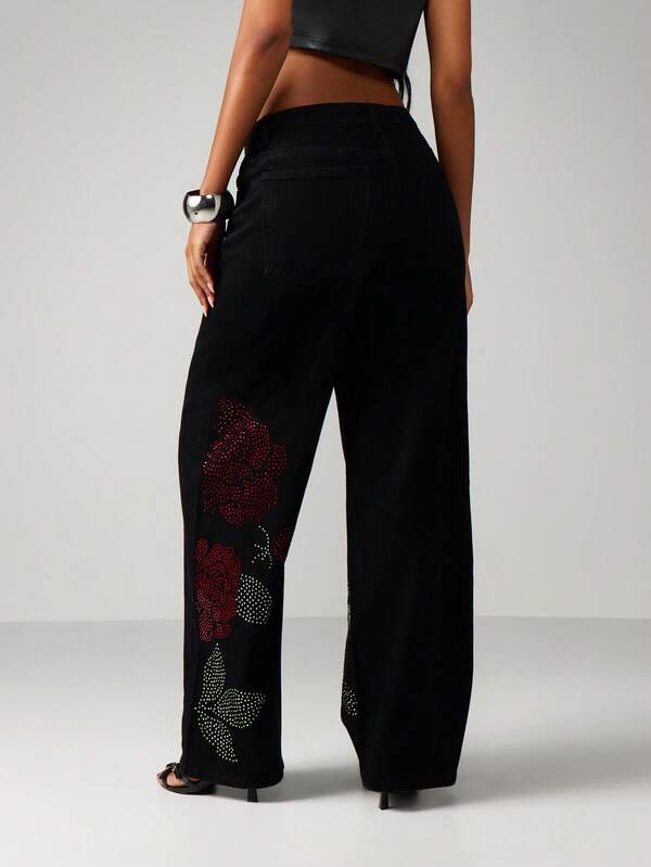 Missguided MISSGUIDED Wide Leg Rose Rhinestone Embellished Jeans