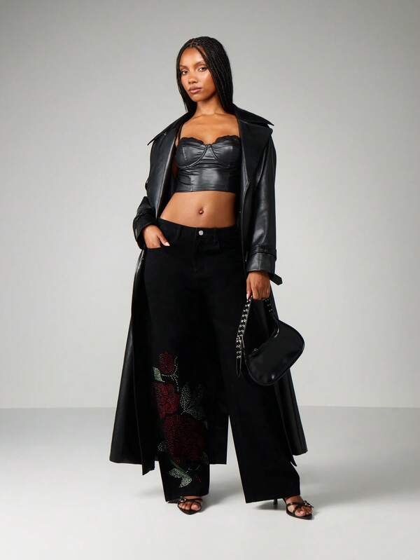 Missguided MISSGUIDED Wide Leg Rose Rhinestone Embellished Jeans