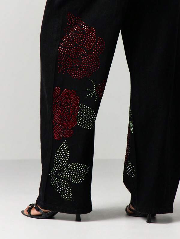 Missguided MISSGUIDED Wide Leg Rose Rhinestone Embellished Jeans