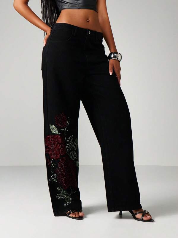 missguided MISSGUIDED Wide Leg Rose Rhinestone Embellished Jeans