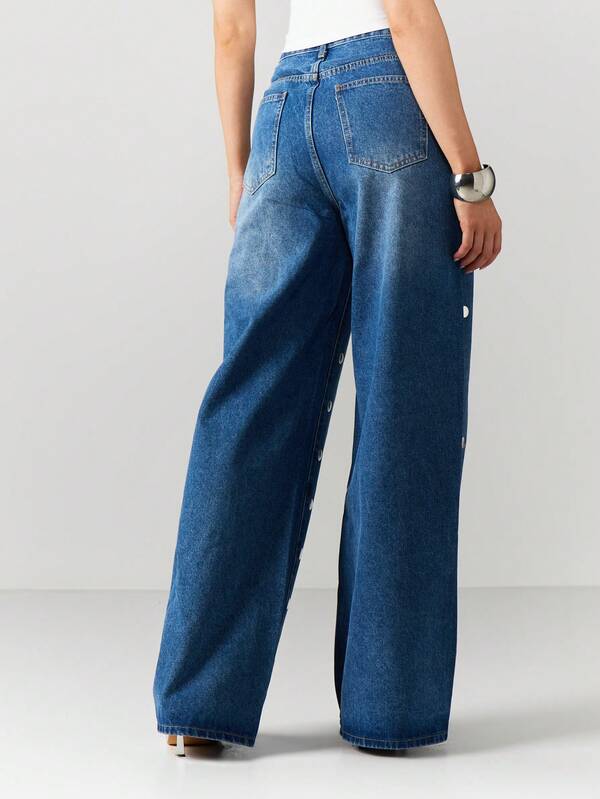 Missguided MISSGUIDED Wide Leg Studded Denim Jeans With Polka Dots