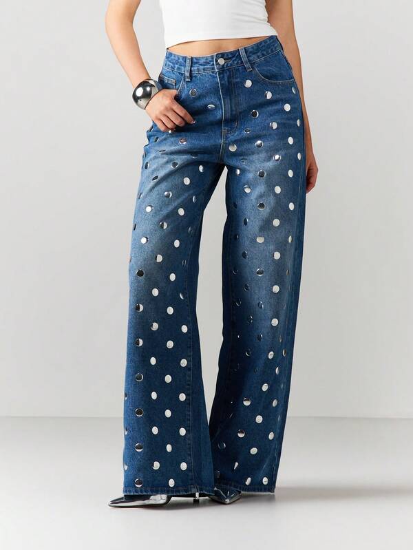Missguided MISSGUIDED Wide Leg Studded Denim Jeans With Polka Dots