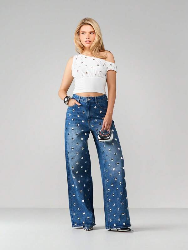 missguided MISSGUIDED Wide Leg Studded Denim Jeans With Polka Dots