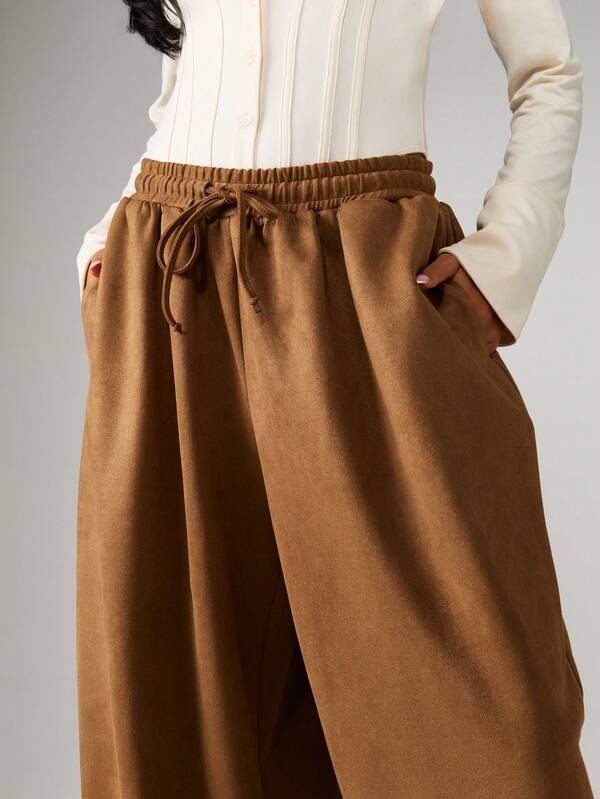 Missguided MISSGUIDED Wide Leg Suede Palazzo Pants With Drawstring Waist