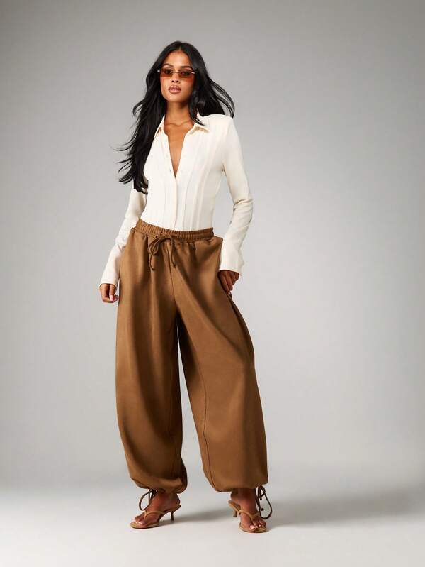 missguided MISSGUIDED Wide Leg Suede Palazzo Pants With Drawstring Waist