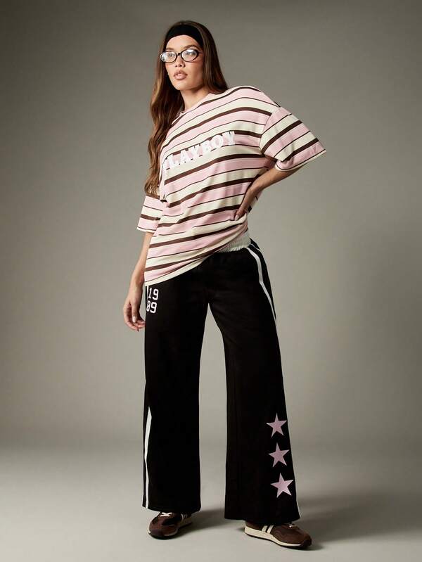 Missguided MISSGUIDED Wide Leg Track Pants With Star Patches And Side Stripes